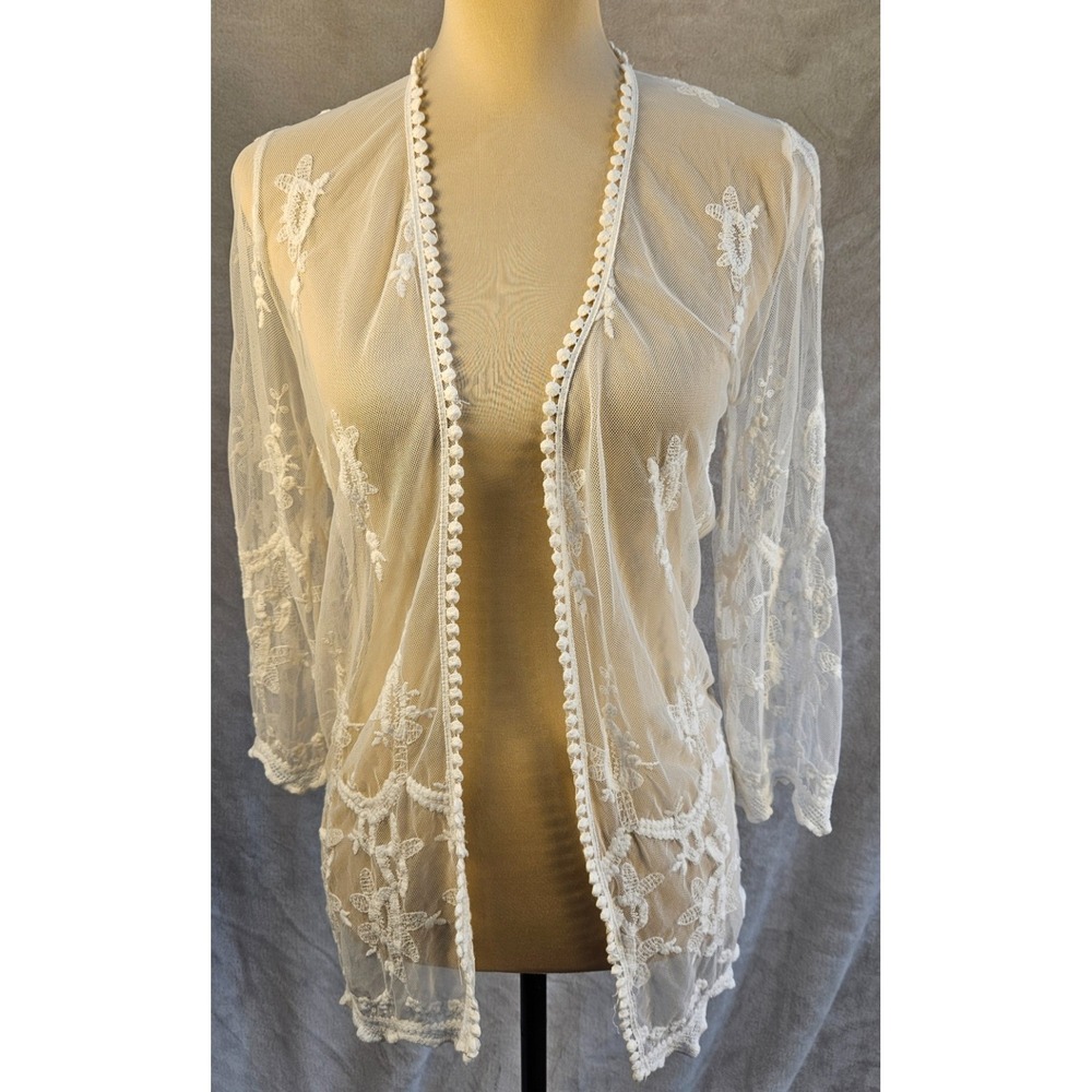 Sheer embroirdere Cardigan Small Romantic Boho‎ Off White Lace Wedding Kimono